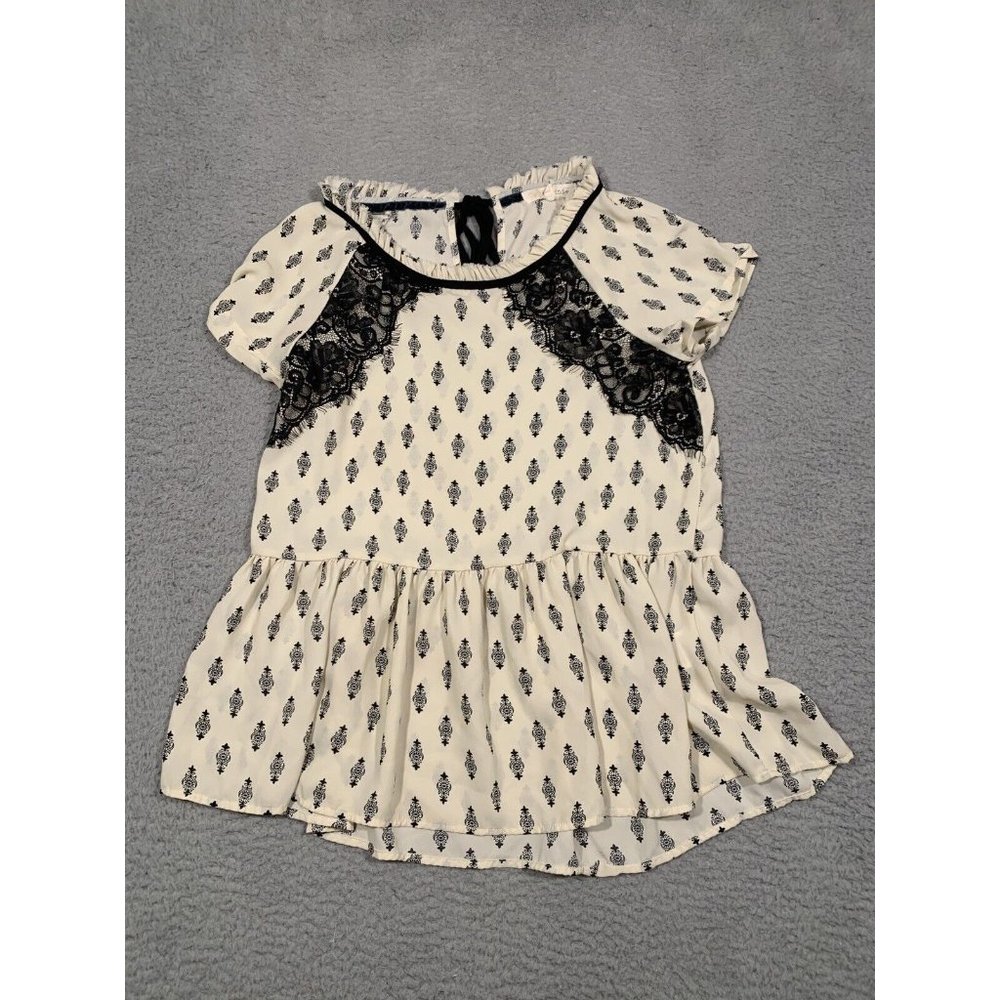 Rewind Cream‎ Black Lace Blouse Tunic Tie Back Ruffle Bottom Small S